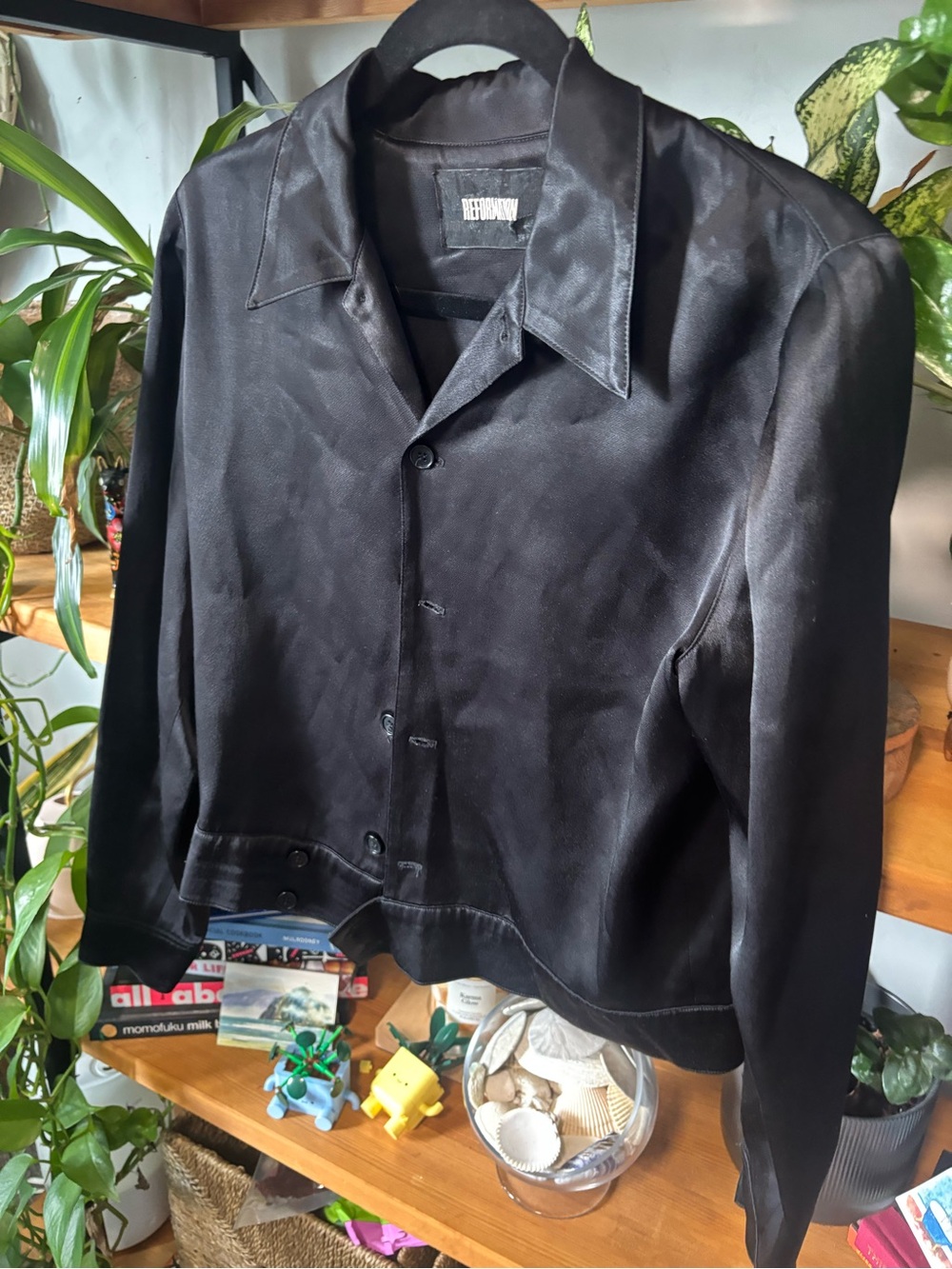 Reformation Black Satin Button-Front Top | Small - Picture 3 of 5